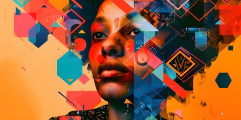 Colorful abstract portrait of a woman with geometric patterns and bold shapes