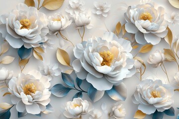 Sticker - There are stucco peonies and gold leaves on the white background.