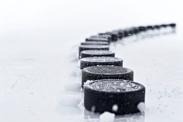 Poster - A row of hockey pucks on snowy ground, ideal for winter sports and outdoor themes