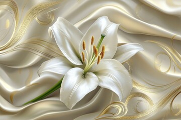 Wall Mural - Stucco lilies cover golden leaves and buds under a golden sky.