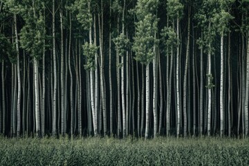 Wall Mural - A group of trees standing tall among the lush green grass, with some leaves rustling gently