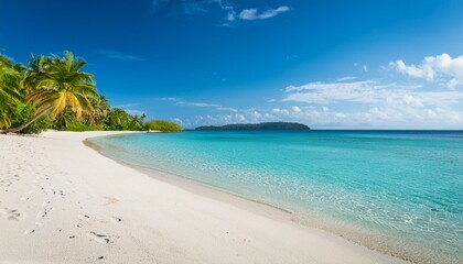 Uninhabited white beach with a serene summer atmosphere for relaxation and outdoor activities.