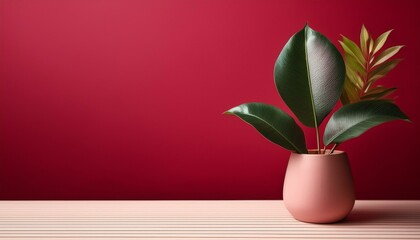 Wall Mural - Vibrant foliage against a crimson backdrop. Imaginative nature idea. Simple tabletop arrangement. Room for text.