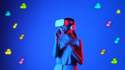 Enjoyment woman singing song wearing VR headset with graphic neon note melody musical modern design at studio dynamic lighting floating in music and technology concept blue background. Hallucination.