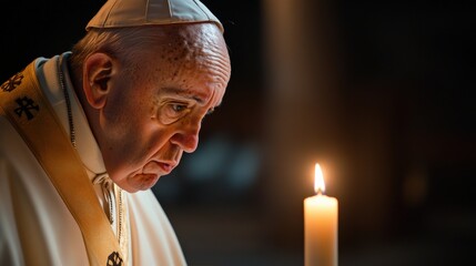 Close-up of the Popes face, softly lit by the glow of an altar candle