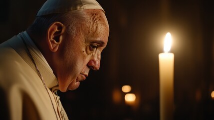 Close-up of the Popes face, softly lit by the glow of an altar candle