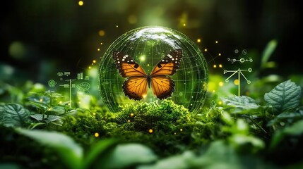 Wall Mural - glass globe with butterfly inside surrounded by renewable energy symbols green color scheme emphasizes environmental sustainability and conservation