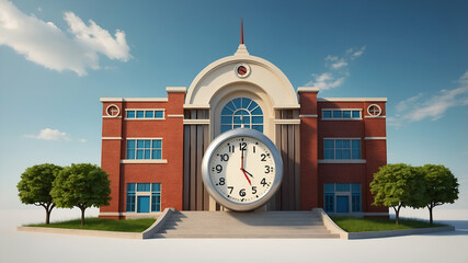 3d Flat icon as School Building and Clock concept as A whimsical school building with a clock set against a dreamy background offering ample space for text or graphics symbolizing the importance of ti