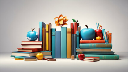 Sticker - 3d Flat icon as School Library and Digital Books concept as A whimsical school library with digital books set against a dreamy background offering ample space for text or graphics symbolizing the blen