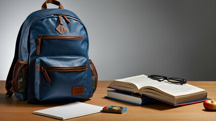 photo realistic as book and backpack concept as a book next to a backpack set against a dreamy backg