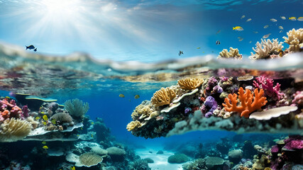 Photo Realistic as Coral Bleaching and Vibrant Reef concept as A view illustrating coral bleaching and a vibrant reef set against a whimsical background offering ample space for text or graphics symbo