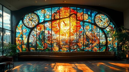 Sunbeams Through Stained Glass Window.