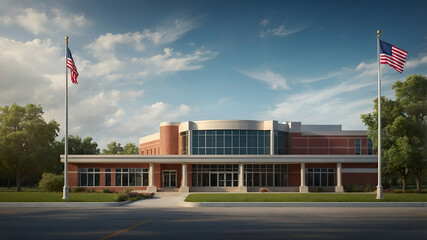 Wall Mural - Photo Realistic as School Building and Flagpole concept as A whimsical school building with a flagpole set against a dreamy background offering ample space for text or graphics symbolizing the pride a