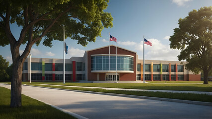 Wall Mural - Photo Realistic as School Building and Flagpole concept as A whimsical school building with a flagpole set against a dreamy background offering ample space for text or graphics symbolizing the pride a