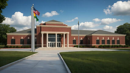 Wall Mural - Photo Realistic as School Building and Flagpole concept as A whimsical school building with a flagpole set against a dreamy background offering ample space for text or graphics symbolizing the pride a