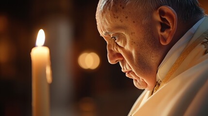 Close-up of the Popes face, softly lit by the glow of an altar candle