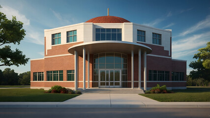 Photo Realistic as School Building and School Sign concept as A whimsical school building with a school sign set against a dreamy background offering ample space for text or graphics symbolizing the w