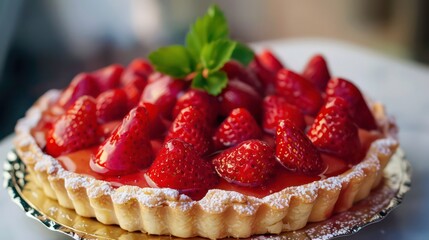 Close-up of a strawberry tart with a flaky crust and a glossy glaze.