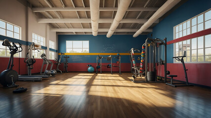 Photo Realistic as School Gym and Fitness Equipment concept as A whimsical school gym with fitness equipment set against a dreamy background offering ample space for text or graphics symbolizing the b