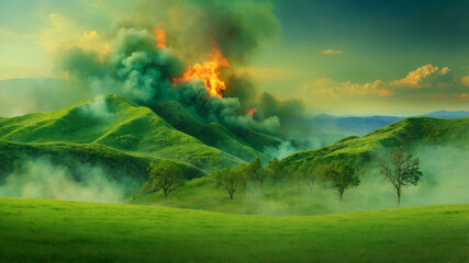 Wall Mural - Photo Realistic as Wildfire and Green Meadow concept as A view showing a wildfire and a green meadow set against a whimsical background offering ample space for text or graphics symbolizing the destru