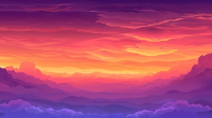 Wall Mural - a dramatic, stylized depiction of a mountain range at sunset with the sky filled with colorful cloud