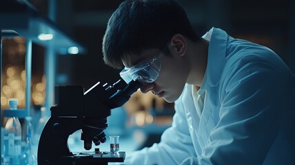 Laboratory research, scientist using microscope to checking gene or DNA for develop vaccine or pharmaceutical product