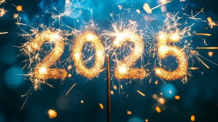 Sparkler Happy New Year text colorful firework illumination on dark blue sky background, happy new year 2025 concept