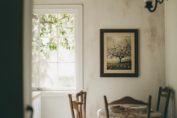 Wall Mural - A small framed painting hangs on the wall of an old French farmhouse. The room is lit by natural light from large windows. The picture frame has white matting and features a vintage print with leaves 