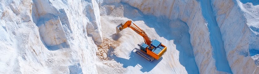 An excavator digging into a large white quarry.