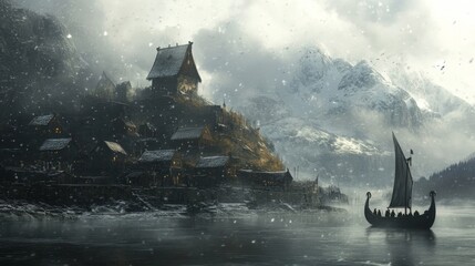 Snowy mountain scenery with longships and wooden huts in a Viking village