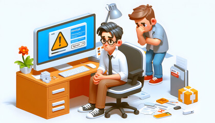 3d Flat icon as Developer looking at a failed software update appearing stressed concept as A developer in casual attire looking at a failed software update on his computer appearing stressed and disa