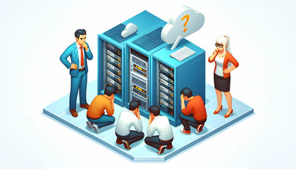 3d Flat icon as Team of developers looking at a crashed server appearing stressed and disappointed concept as A team of developers in casual attire looking at a crashed server in a server room appeari