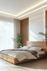 Wall Mural - Stylish bedroom with wooden bed and natural light in a modern design