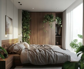 Wall Mural - Elegant modern bedroom with plants and natural light in a serene setting