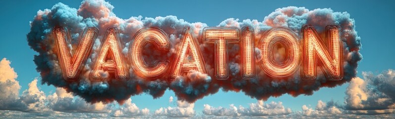 Cloud filled sky with a word vacation, travel concept, banner, copy space