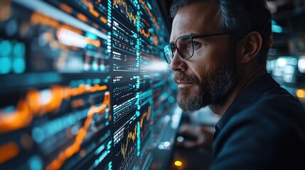 Man Analyzing Data on a Large Screen