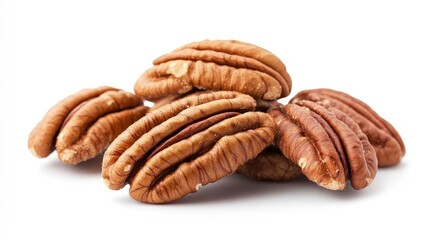 Wall Mural - Close-up of four pecan nuts isolated on white background.