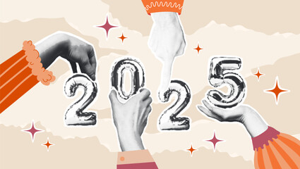 2025 New Year halftone collage with hands holding balloon on torn paper background