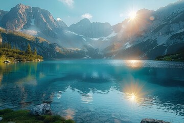 Sticker - a body of water with mountains in the background. 