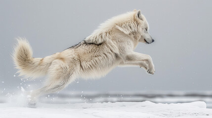 Wall Mural - An arctic wolf leaping across snowy terrain, its powerful muscles visible through its thick coat, snowflakes scatter in the air as the wolf moves