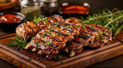 Grilled and smoked ribs with barbeque sauce on a carving board