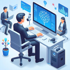 3d Flat icon as Stock analyst developing neural network models for stock valuation concept as A stock analyst in a high tech office developing neural network models on a computer for stock valuation h