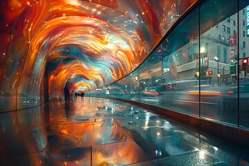 Canvas Print - a tunnel with lights and reflection. 