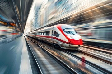 Poster - A red and white train travels through the city