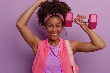 Wall Mural - A woman holds two pink dumbbells in her hands, ready for exercise or fitness activities