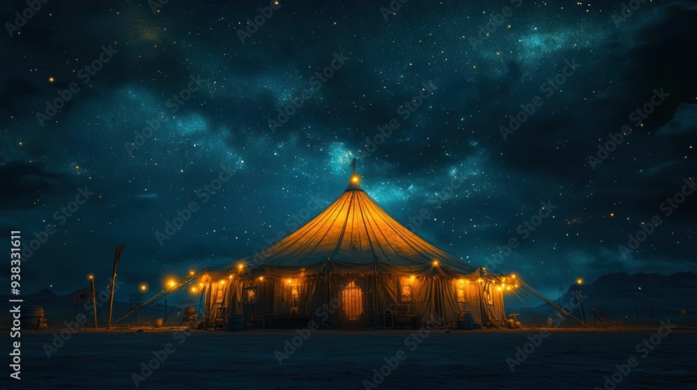 mysterious vintage circus tent under starry night sky warm glowing ...