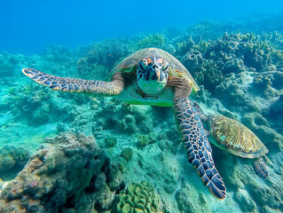 Wall Mural - A turtle is swimming in the ocean with a coral reef in the background. The turtle is looking at the camera, and the scene is peaceful and serene