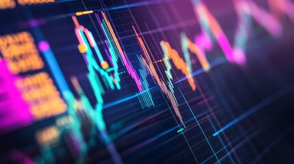 Fototapete - Close-up of a financial graph with fluctuating stock market trends and colorful line charts on a digital screen