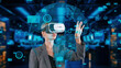 © Summit Art Creations - Woman searching dynamic market data using hand sliding world analysis monitor by VR of future global innovation interface digital infographic network technology visual hologram animation. Contraption.