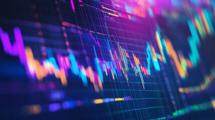 Fototapete - Close-up of a financial graph with fluctuating stock market trends and colorful line charts on a digital screen